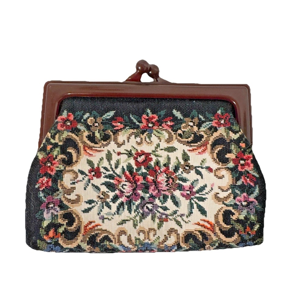 Vintage Antique Tapestry Petit Point Floral Handbag Clutch Purse Lucite Clasp